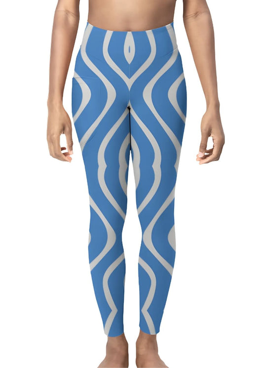 High-Waisted Blue and White Abstract Stripe Leggings – Stretchy Workout & Yoga Tights for Women - T Bhai