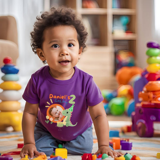 Personalized Photo Printed With Name Dino Theme Birthday T-Shirt - T Bhai