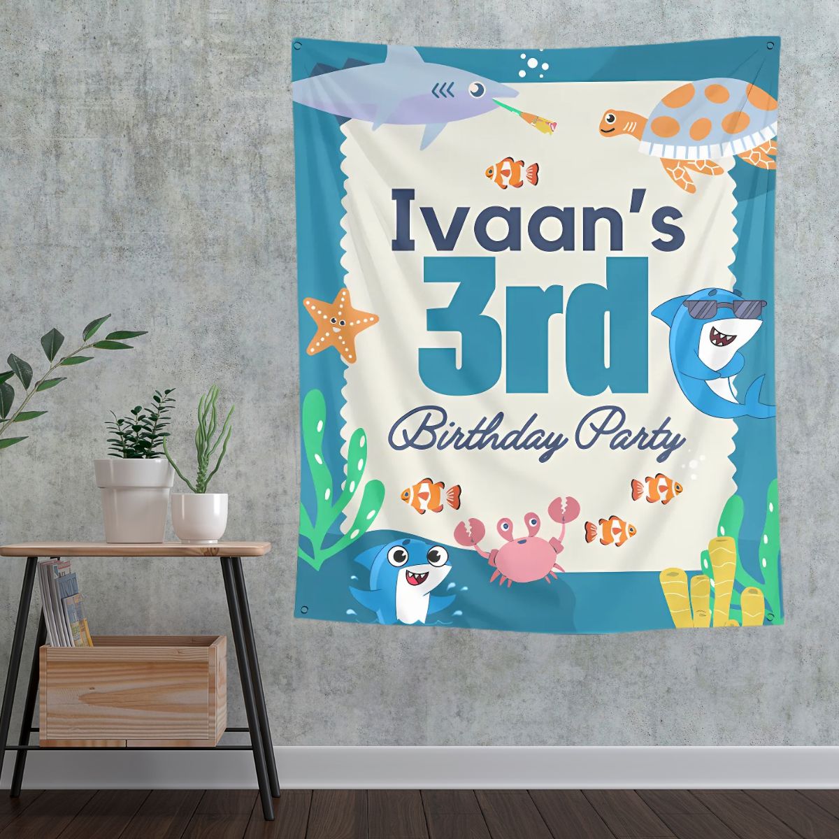 Shark and Sea Theme Tapestry for Birthday Party Decoration - T Bhai