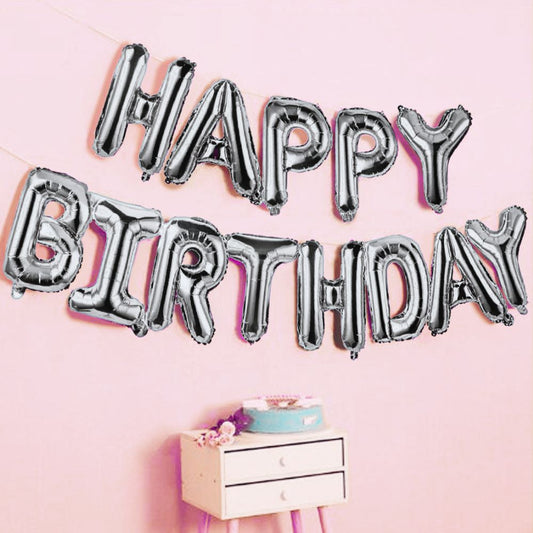 Happy Birthday 13 Letters | Metallic Silver Foil Balloon Banner - T Bhai
