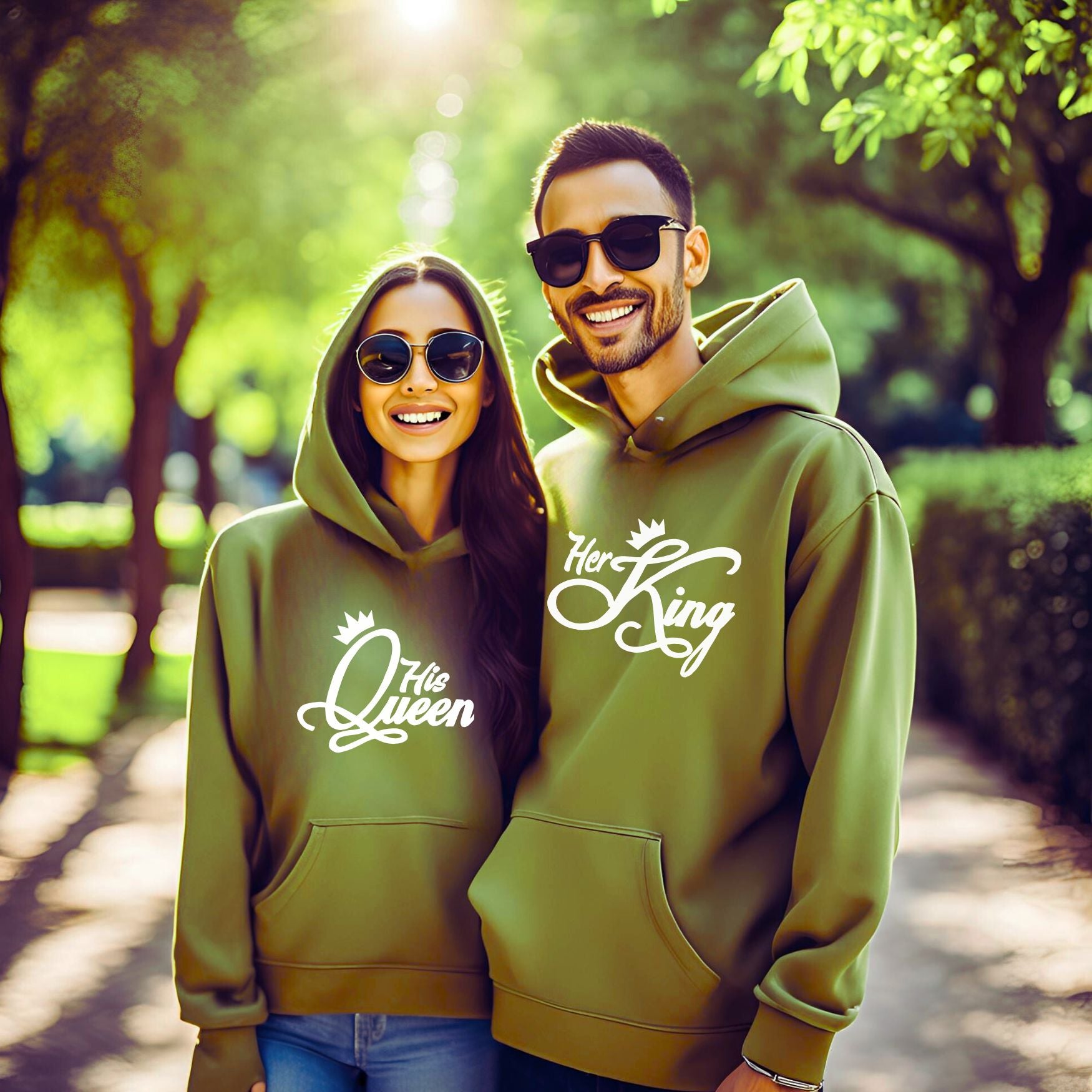His Queen and Her King Olive Green Couple Hoodies exclusive at T Bhai
