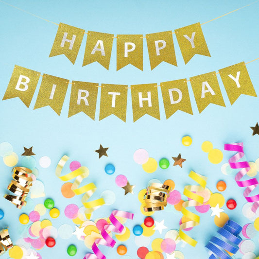 Happy Birthday Banner - Golden Glitter with Silver Alphabets - T Bhai