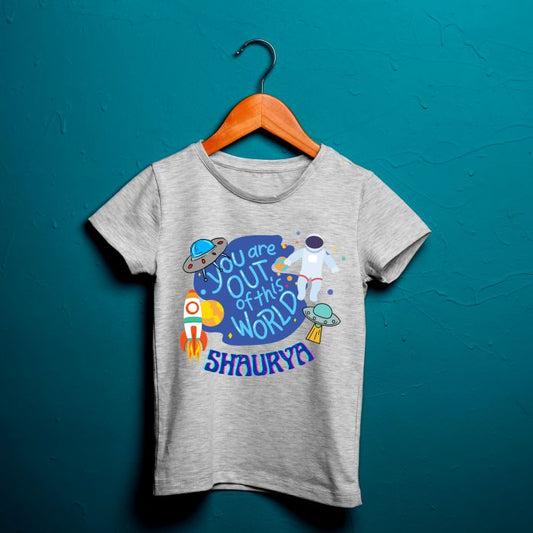You are out of this World Space Theme Custom Name T-Shirt for Kids - T Bhai