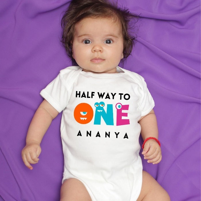 Custom Name Half Way to One Onesie for Babies exclusive at T Bhai