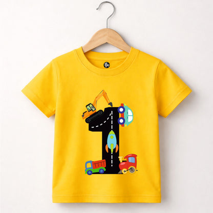 1st Birthday T-Shirt for Kids | Car Dumper Excavator & Engine