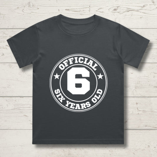 Official Six Year Old 6th Birthday T-Shirt | Pure Cotton Steel Grey T-Shirt