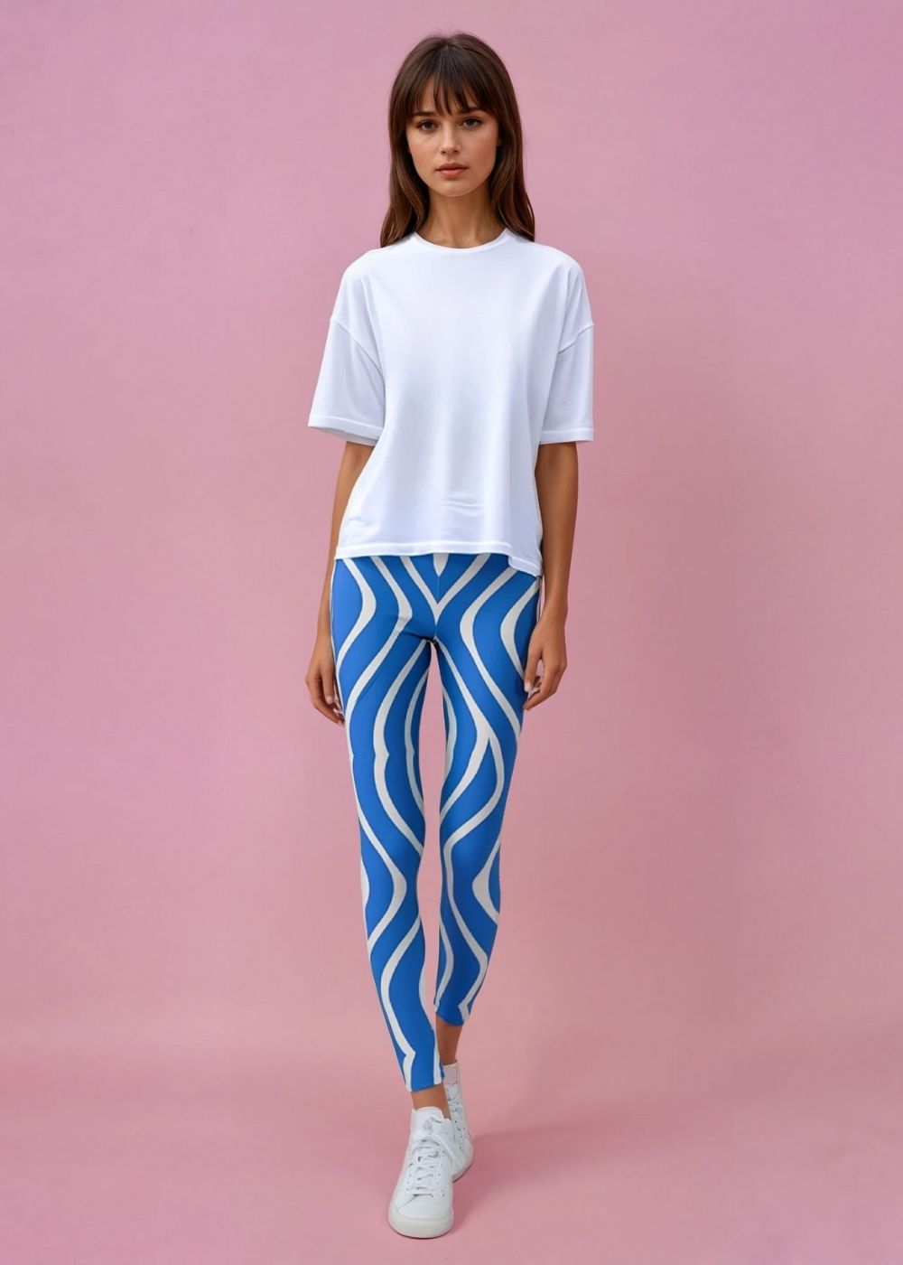 High-Waisted Blue and White Abstract Stripe Leggings – Stretchy Workout & Yoga Tights for Women - T Bhai