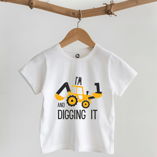 Construction Theme - I am One & Digging it First Birthday T-Shirt