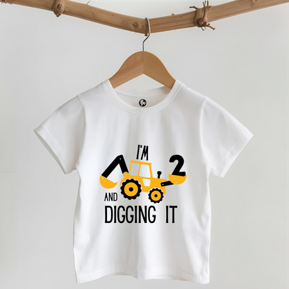 Construction Theme - I am 2 & Digging it Second Birthday T-Shirt for Kids