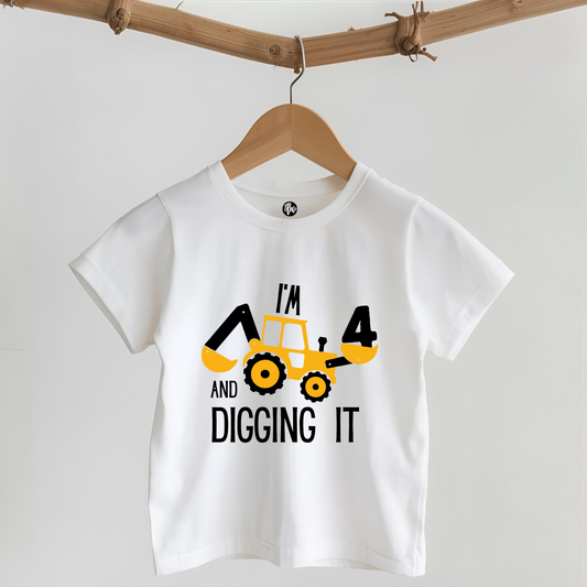 Construction Theme - I am 4 & Digging it Fourth Birthday T-Shirt for Kids