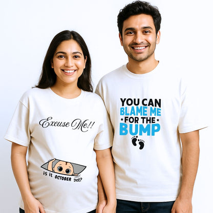 Matching Couple Pregnancy Announcement Unisex Oversized T-Shirts | Fun Pregnancy Reveal Tees for Expecting Parents - T Bhai