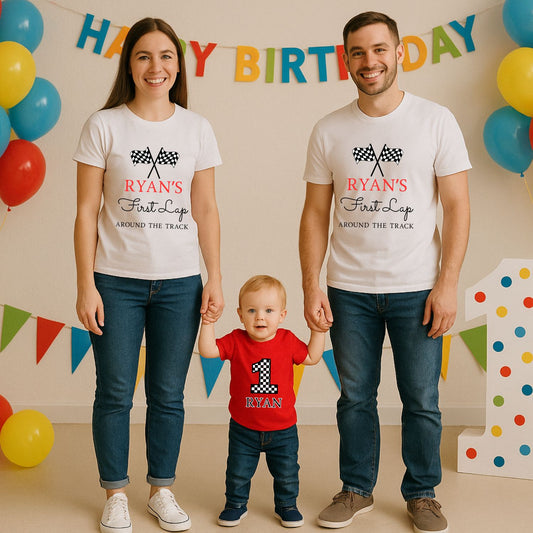 Customized First Lap Around the Track | First Birthday Family T-Shirts