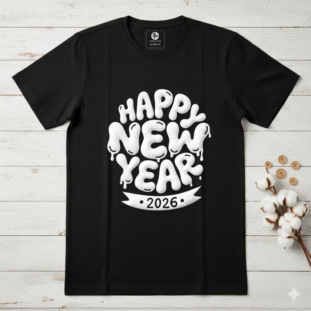 "Happy New Year 2026" 3D Puff Print Black T-Shirt