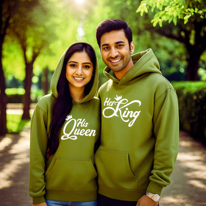 His Queen and Her King Olive Green Couple Hoodies