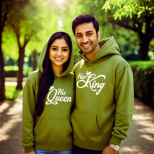 His Queen and Her King Olive Green Couple Hoodies