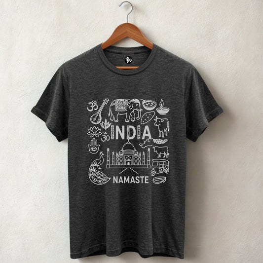 Namaste India Souvenir Gift T-Shirt – Heritage Tee with Taj Mahal & Indian Icons Print