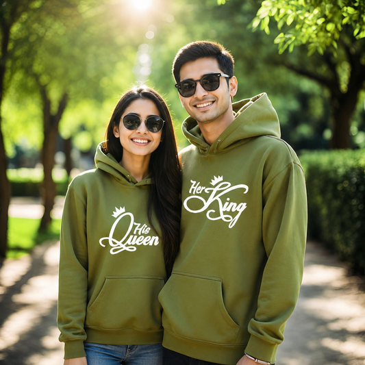 His Queen and Her King Olive Green Couple Hoodies