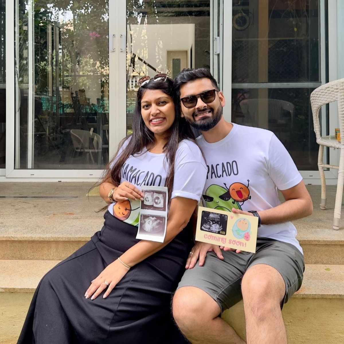 Customer Shared Pictures on Instagram of Mamacado and Papacado Pregnancy Announcement Matching Couple T-Shirts for Maternity Photoshoots by TBhai
