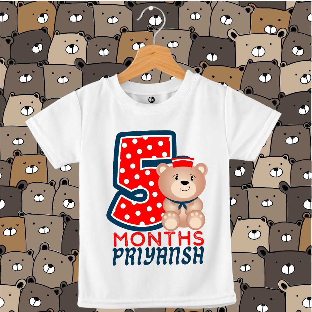 Monthly Birthday T-Shirts | 0-5 Months | Cute Bear with a Polka Number - T Bhai