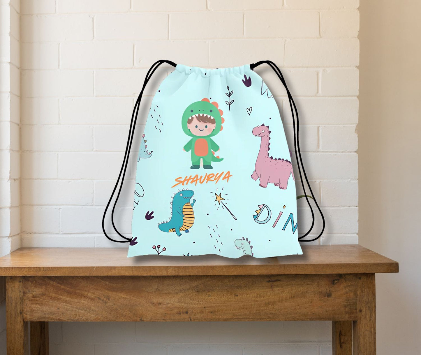 Dino Theme All Over Printed Personalized Drawstring Bag - T Bhai