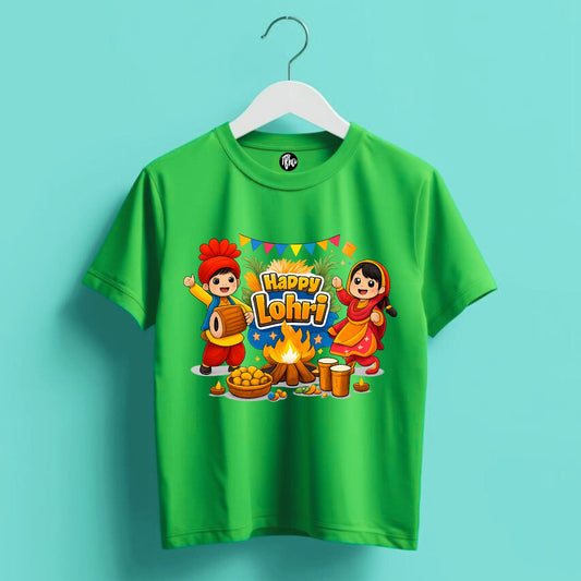 Happy Lohri T-Shirt | Punjabi Festival Bonfire Cartoon Print Cotton Tee