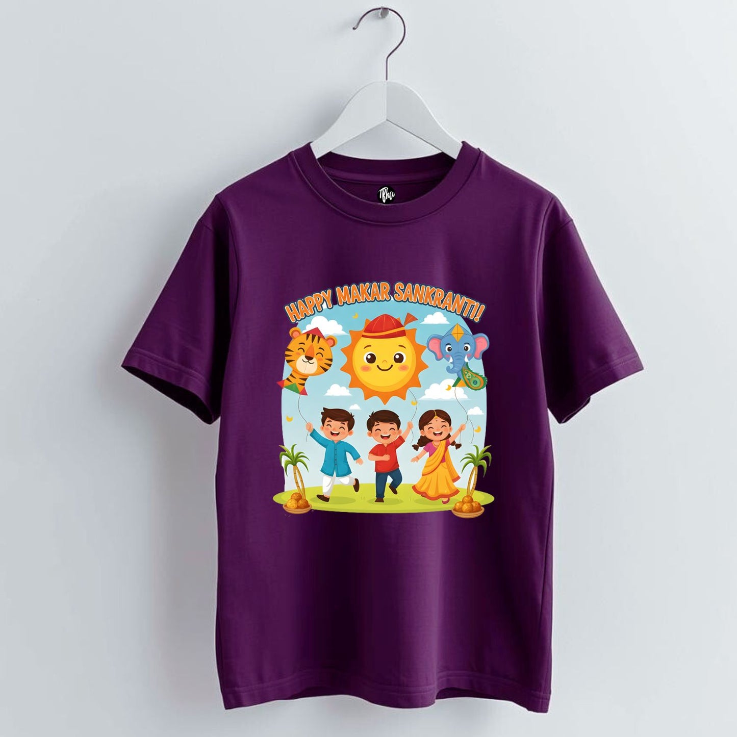Makar Sankranti T-Shirt with Cute Sun and Kite Illustrations
