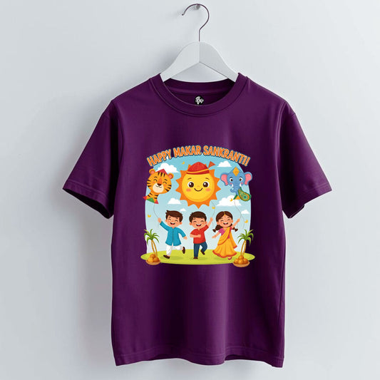 Makar Sankranti T-Shirt with Cute Sun and Kite Illustrations