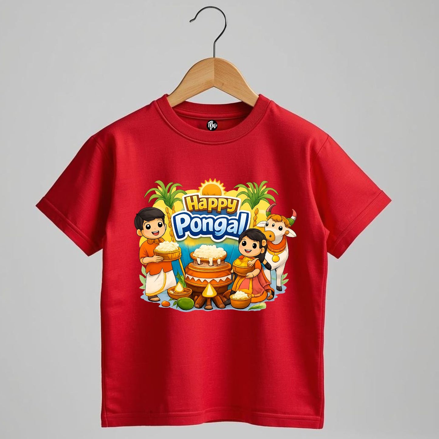 Happy Pongal Cartoon Print T-Shirt | Tamil Harvest Festival Wear
