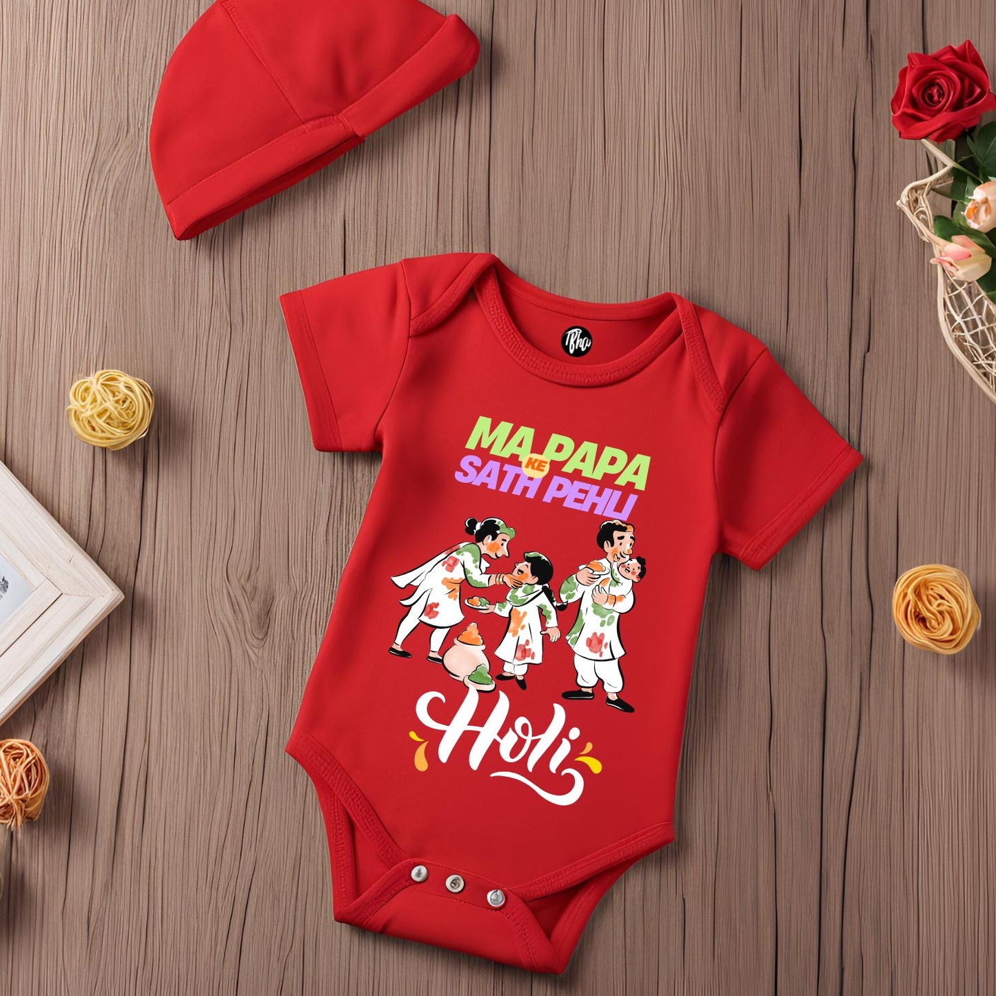 Ma Papa Ke Sath Pehli Holi Baby Onesie - T Bhai