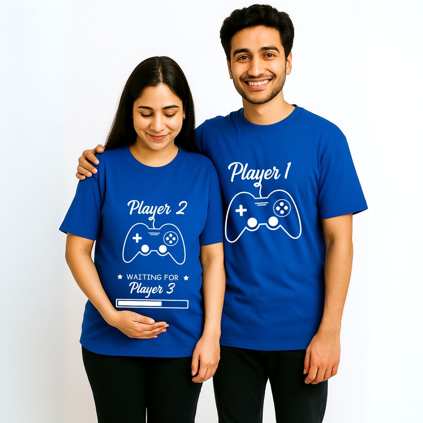 Player 1 Player 2 and Waiting for Player 3| Fun Pregnancy Announcement Oversized T-Shirts for Expecting Parents - T Bhai