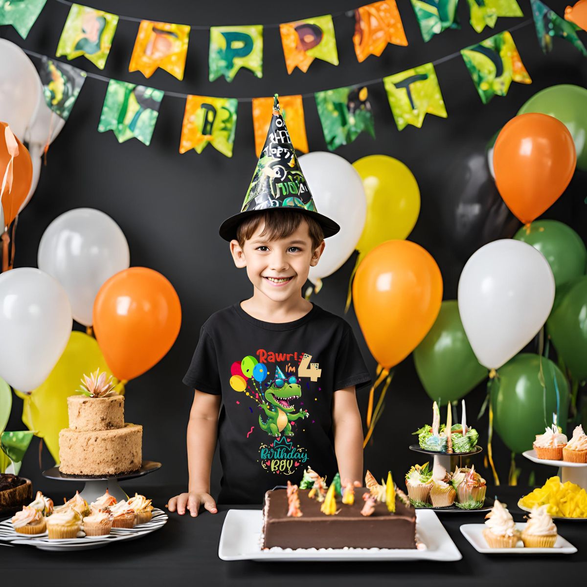 Rawr I am Four Dino Theme Birthday Boy T-Shirt - T Bhai