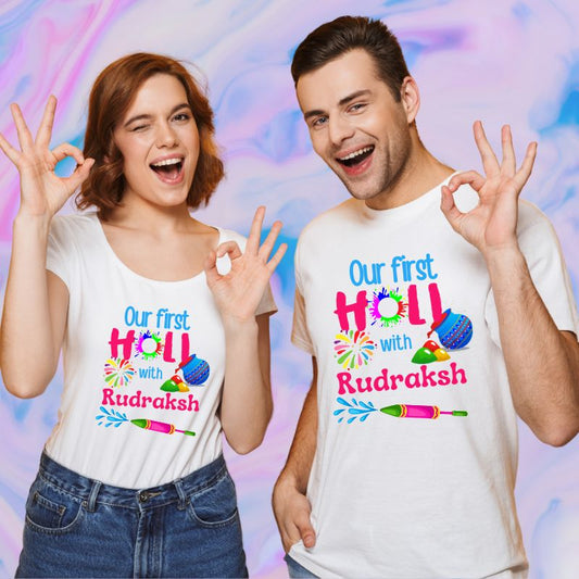 Our First Holi Customised Holi T-Shirts for Mom & Dad - T Bhai